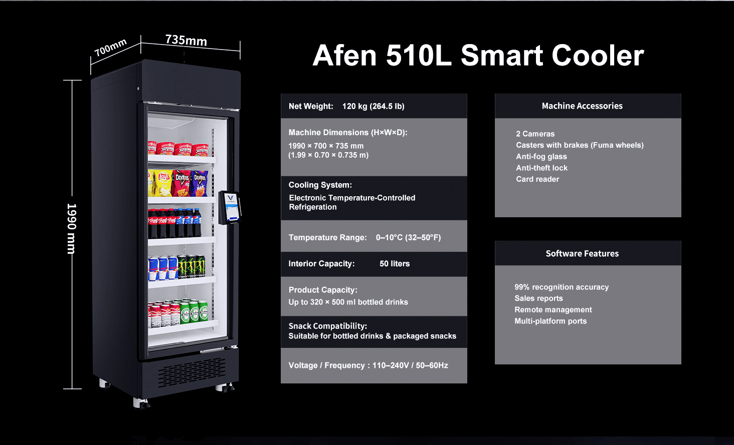 ʻO ka Mīkini Kūʻai Aku AI AFEN Smart Cooler 510L Nā Ana a me ka Mana Ka mana mālama kiʻekiʻe o ka mīkini kūʻai aku AFEN AI e hoʻonui ana i ka ROI kūʻai liʻiliʻi ma kahi kapuaʻi liʻiliʻi