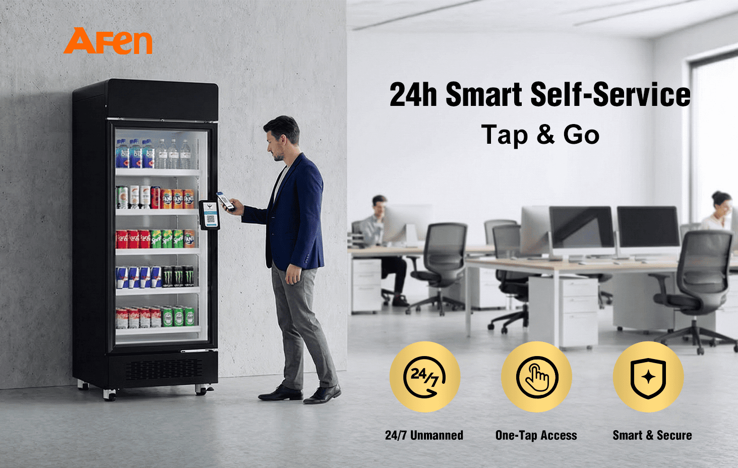 ʻO AFEN Smart Cooler 510L Hero Scene ʻO ka mea hoʻoluʻu akamai ʻo AFEN 510 e hāʻawi ana i nā hoʻonā kūʻai kūʻai ʻole kanaka 24/7 no nā keʻena a me nā hale hoʻoikaika kino